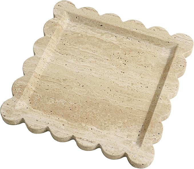Natural 100% Marble Vanity Tray Luxury Scalloped Marble Tray, Travertine Tray for Home Decor Bathroom Kitchen Candle Key (Square-9.8 * 9.8-Beige Travertine)