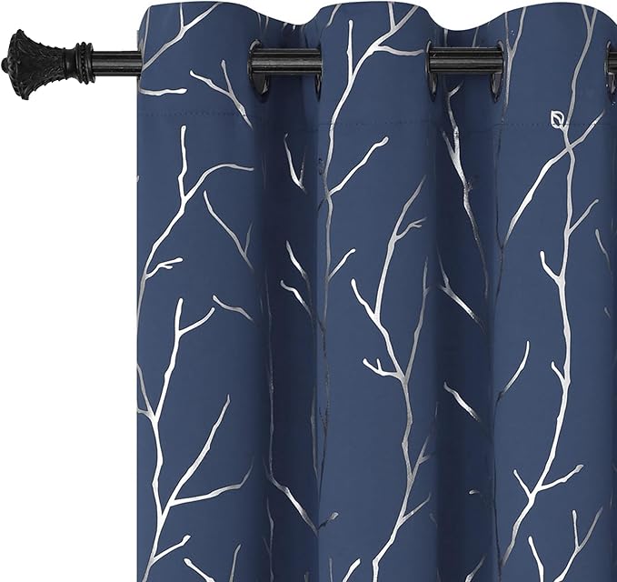 BUHUA Thermal Insulated Curtains Blackout Grommet Thermal Insulated Shinny Tree Branches Print Curtain for Bedroom, Navy Blue, 38W x 72L, Set of 2 Panels