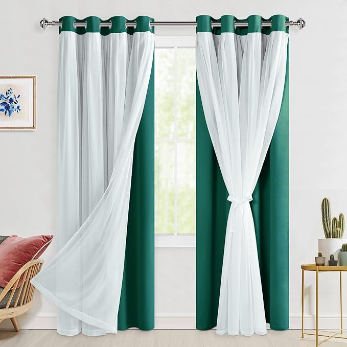 Hiasan Blackout Curtains with Sheer Overlay, Thermal Insulated Privacy Double Layer Mix & Match Grommet Window Curtains for Christmas,Living Room, 2 Drape Panels with Tiebacks, Hunter Green, 52W X 84L