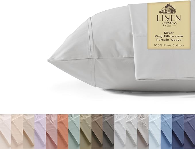 Linen Home 100% Cotton Percale Pillowcases King Size, Silver, 2 Pieces of Pillow Case, Crisp and Cool Strong Bed Linen, 20 inches X 40 inches