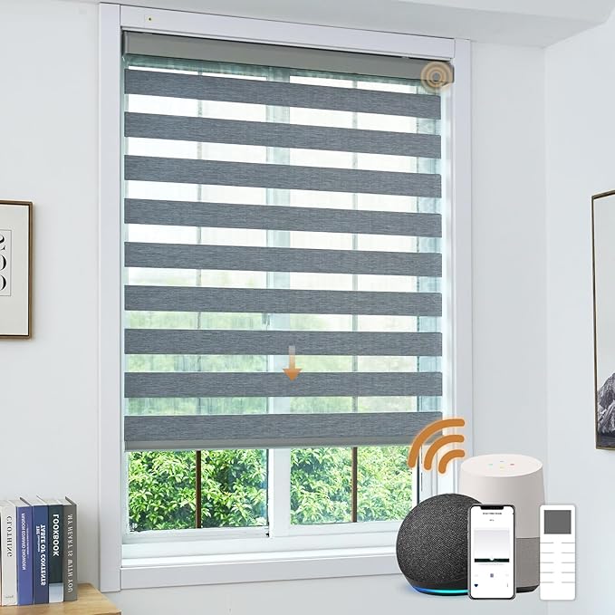 Cordless Motorized Zebra Blinds for Windows Blackout with Remote, Custom Dual Layer Smart Zebra Shades Work with Alexa Google, Automatic Electric Light Filtering Roller Sheer Shades, Grey