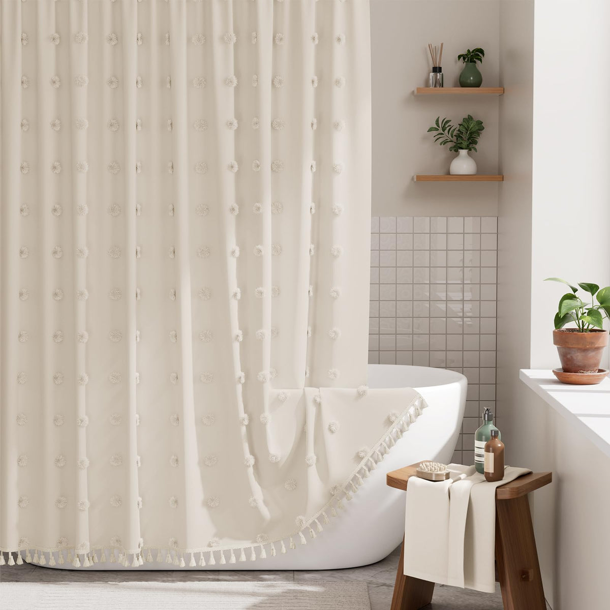 AmazerBath Boho Farmhouse Shower Curtain with Tassels, Soft Cloth Beige Shower Curtain Set, Polka Dots Chevron Fabric Rustic Shower Curtain with Hooks, Hotel Quality, 72x72 Inches