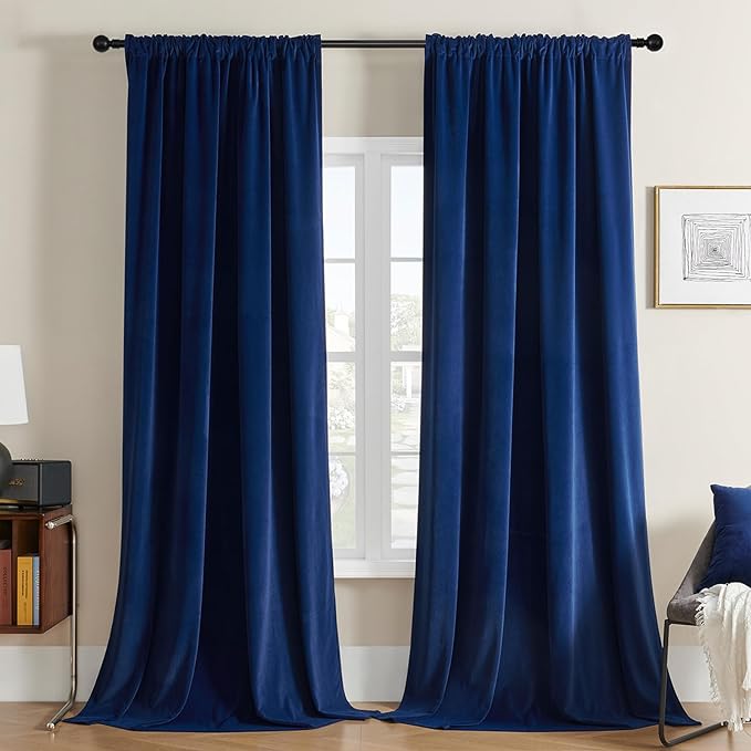 Joydeco Blue Velvet Curtains 120 inch Length 2 Panels Burg Set, Luxury Rod Pocket Thermal Insulated Window Blackout Curtain, Room Darkening Drapes for Living Dining Room Bedroom Privacy
