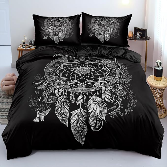 Black Dream Catcher Bedding Set – Boho Feather Print Duvet Cover for Teens & Adults – Soft Comforter Cover for Bohemian Bedroom Decor, Twin/Full/Queen Sizes
