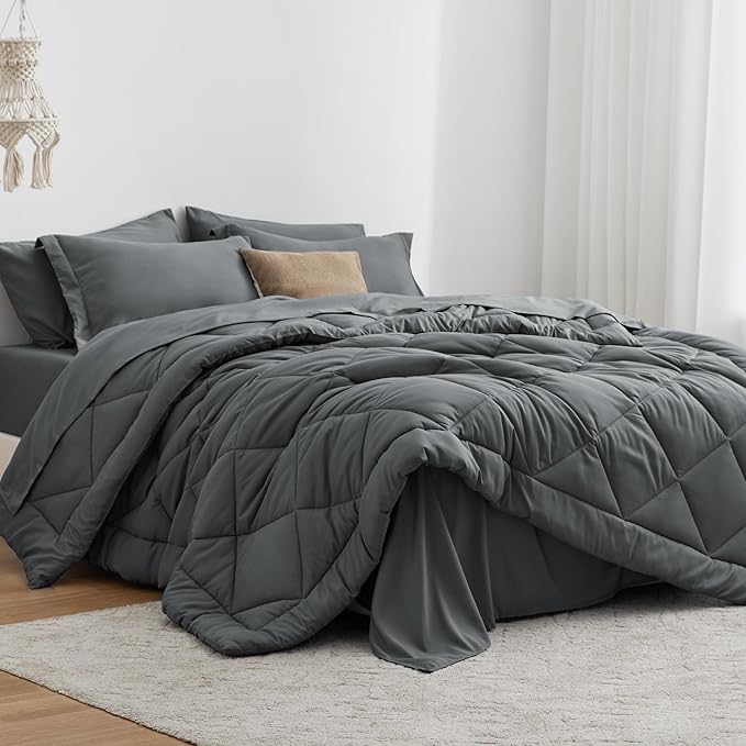 Love's cabin Oversized Queen Comforter Set Dark Grey, 7 Pieces Queen Bed in a Bag, All Season Queen Bedding Sets with 1 Comforter, 1 Flat Sheet, 1 Fitted Sheet, 2 Pillowcase and 2 Pillow Sham