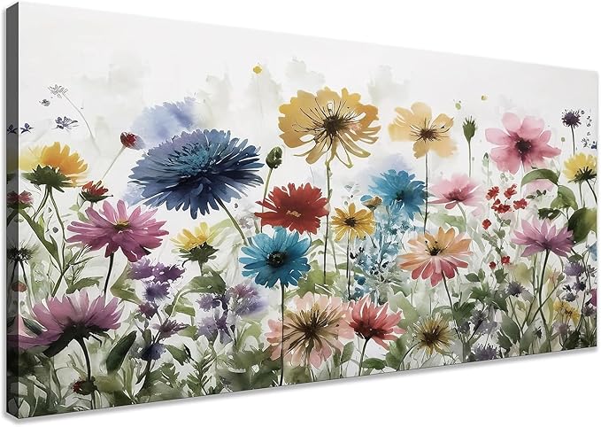KZKU Flower Wall Art Canvas Prints Home Decor for Living Room Dining Room Bedroom Office Bathroom Artwork Multi-colored Watercolor wildflowers Pictures Wall Decor 24" x 48"