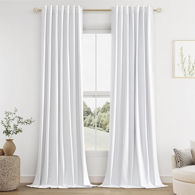 Guken White Linen Blackout Curtains 52 Inch Wide by 106 Inch for Living Room Bedroom Back Tab Thermal Insulated 100% Black Out Linen 2 Drapes Room Darkening Window Curtains Pure White