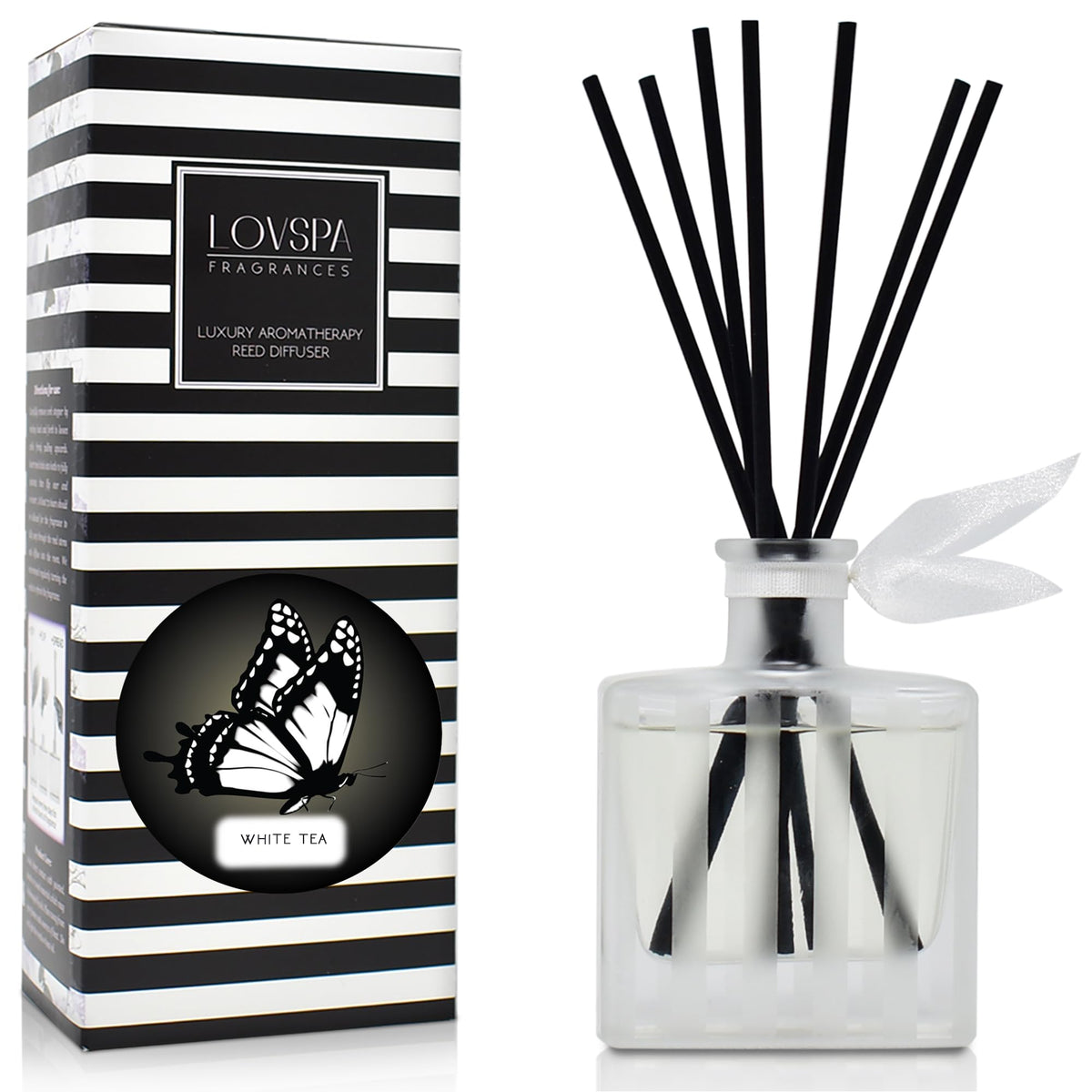 LOVSPA Reed Diffuser Set, White Tea Scented Oil Diffuser with Sticks, Home Fragrance Accessories for Bathroom Shelf Decor, Aroma Diffusers for Home or Office Desk, USA Made
