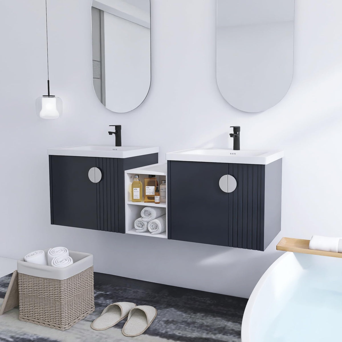 60" Floating Bathroom Vanity,60 Inch Bathroom Vanity with Sink, Modern Double Sink Vanity Combo,Black Wall Mounted Cabinet Set with Open Storage Shelf