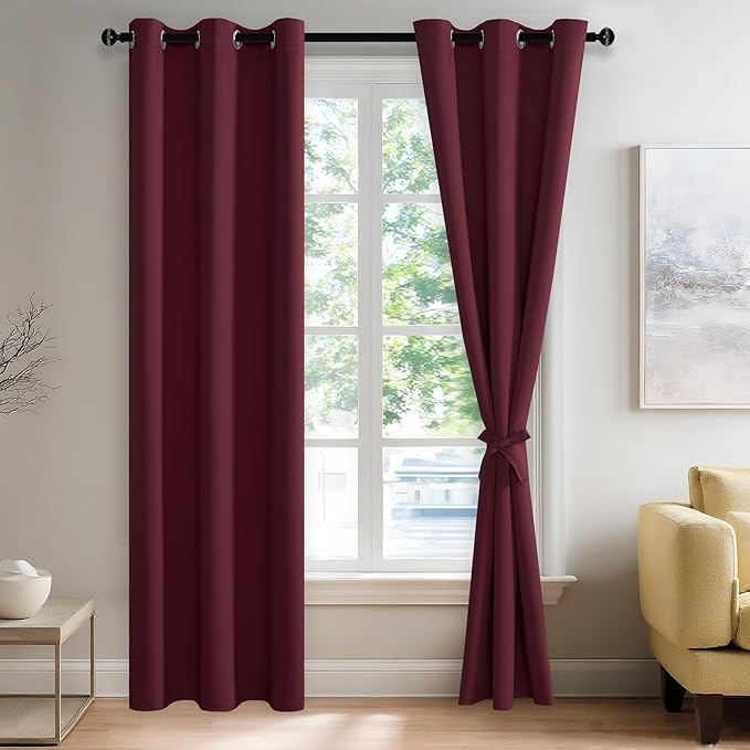 JIUZHEN Burgundy Blackout Curtains with Tiebacks Thermal Insulated, Light Blocking and Noise Reducing Grommet Curtains for Bedroom and Living Room, Set of 2 Window Curtain Panels, 42 x 84 Inch Length