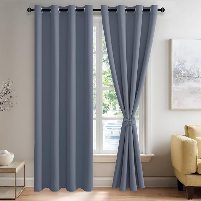 JIUZHEN Dusty Blue Blackout Curtains with Tiebacks-Thermal Insulated, Light Blocking and Noise Reducing Grommet Curtains for Bedroom and Living Room, Set of 2 Window Curtain Panels,52 x 90 Inch Length