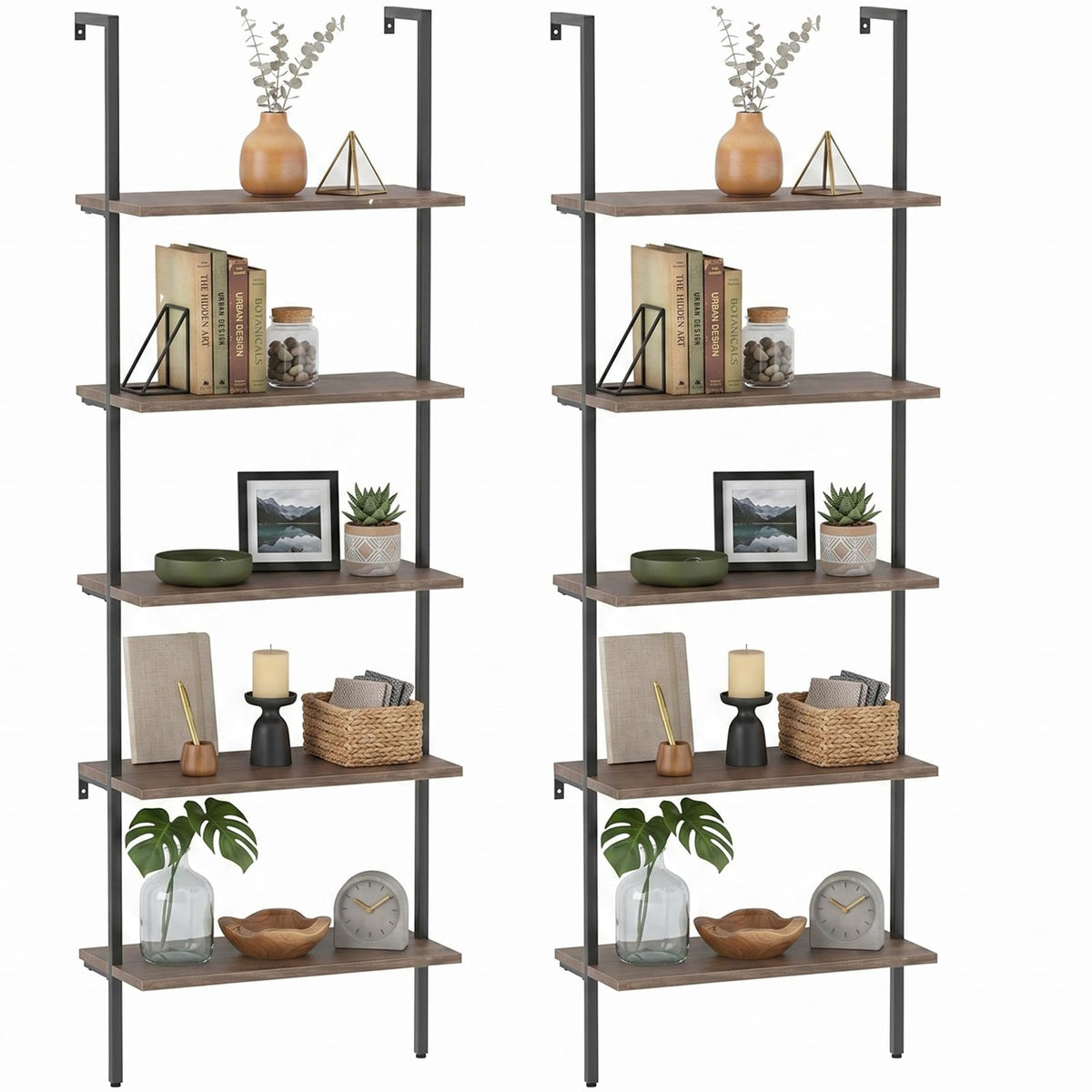 aboxoo Ladder Shelf 2PCS Open Bookshelf 5-Tier Wall-Mounted Wood Bookcase Rack Open Back Industrial Modern Plant Flower Stand Utility OrganizerMetal Frame Furniture Office Kitchen Bedroom (Brown)
