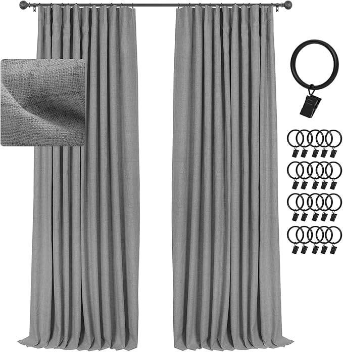 INOVADAY 100% Blackout Curtains for Bedroom, Black Out Curtains 120 Inch Long, Clip Rings Linen Blackout Drapes, Thermal Insulated Room Darkening for Living Room, 2 Panels - DarkgreyW50xL120