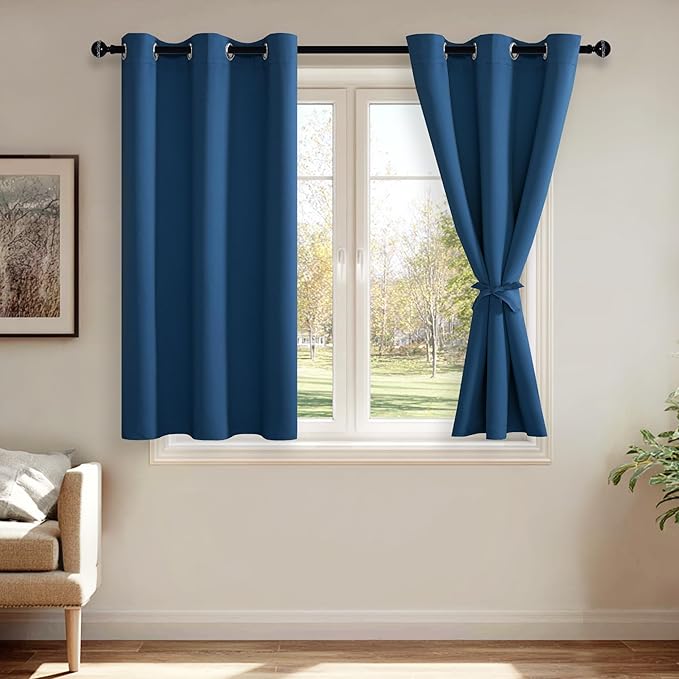 JIUZHEN Blackout Curtains with Tiebacks-Thermal Insulated, Light Blocking and Noise Reducing Grommet Curtain Drapes for Bedroom/Living Room, Set of 2 Curtain Panels, 42x54 Inch Length, Classic Blue