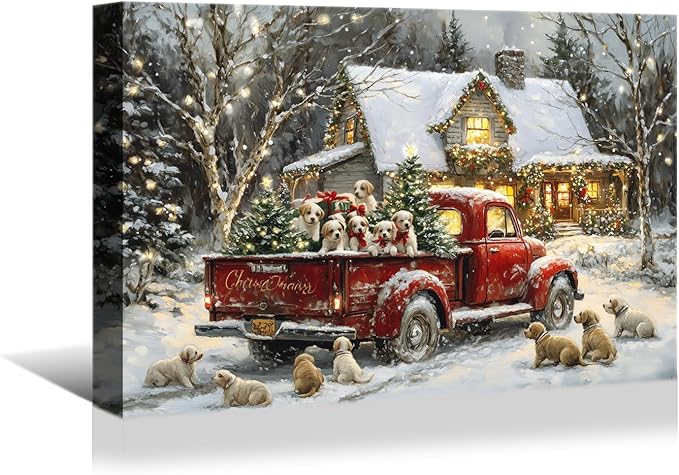 YONICA Christmas Canvas Wall Art 36x24 Inches - Home Decor with Pine Tree, Red Truck, Dog Prints - Winter Painting, Xmas Art for Living Room & Bedroom