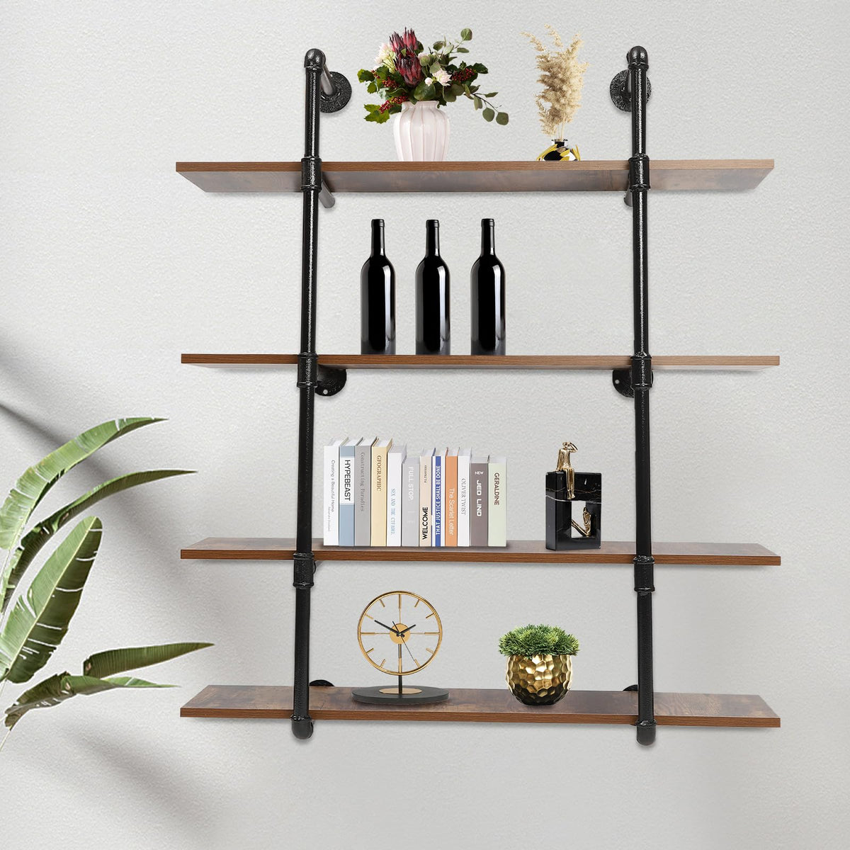 4 Tier Industrial Pipe Shelving Wall Mounted, Rustic Metal Floating Shelves, Real Wood Book Shelves, Wall Shelf Unit Bookshelf Hanging Wall Shelves, Farmhouse Kitchen Bar Shelving (36*9.8*43.2 inch)
