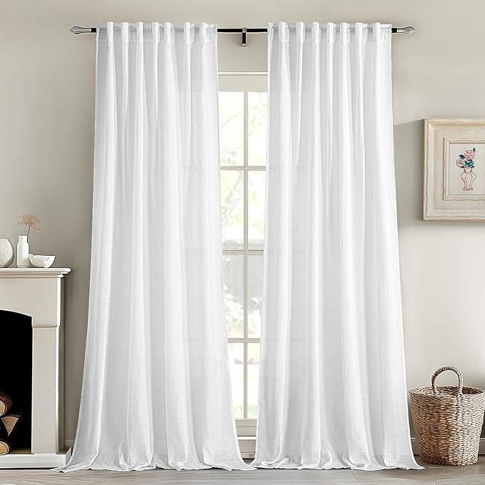 MIULEE White Linen Curtains 96 Inches Long 2 Panels for Bedroom Living Room, Soft Thick Linen Textured Back Tab Window Drapes Semi Sheer Light Filtering Rod Pocket Modern Farmhouse Decor