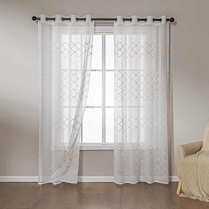 Amazon Basics 2-Piece Embroidery Sheer Curtain Set, Light Filtering Hollow Drapes for Living Room and Bedroom, 52" W × 84" L, White Scale