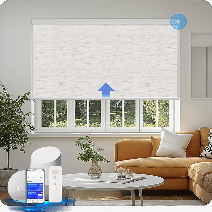 Motorized Blinds with Remote Cordless Automatic Motorized Shades Custom Blinds for Windows Smart Curtains Compatible with Alexa Google Home(Blackout Linen Sandy Beach,W37 x H72in)