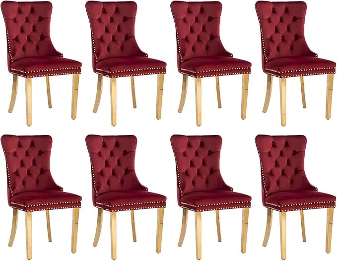 SoarFlash Velvet Dining Chairs Set of 8, Tall Back Side Chair, Modern Upholstered Side Chair with Button Back Ring, Gold Plated Stainless Steel Legs (Red)