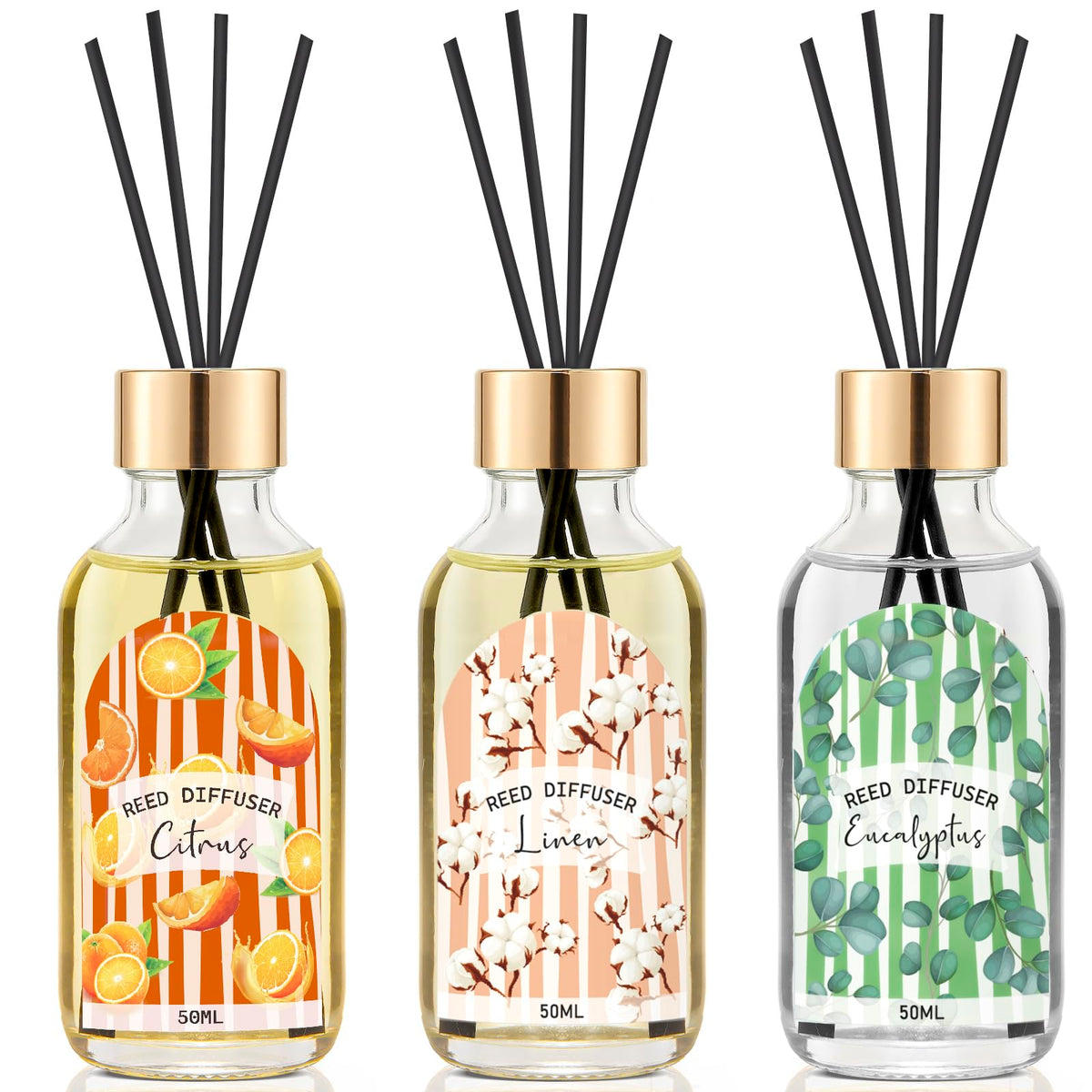 3 Pack Reed Diffuser Set, Linen Eucalyptus Citrus Scented Oil Reed Diffusers for Home, Bathroom, Office Decor, Aromatherapy Diffuser with 15 Sticks, 1.7 Fl. Oz Each, Total 5.1 Fl. Oz