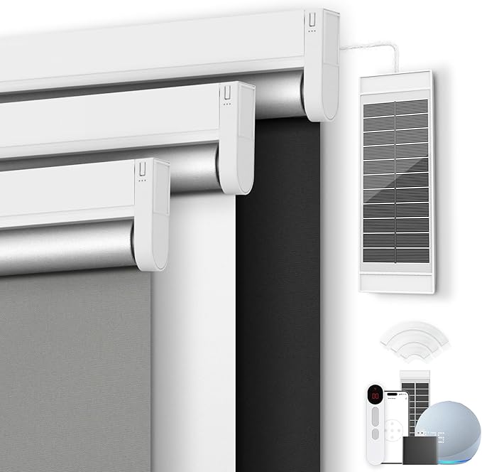 Motorized Roller Blinds with Remote Control & Solar Panel - 100% Blackout Smart Blinds, Automatic, Cordless, Electric Shades - Compatible with Alexa - Grey, 36" W x 72" H