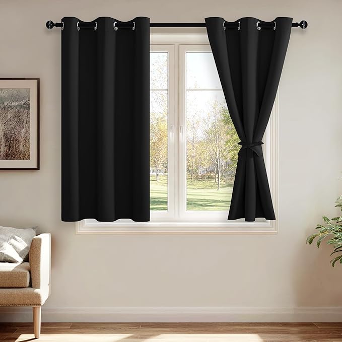 JIUZHEN Black Blackout Curtains with Tiebacks - Thermal Insulated, Light Blocking and Noise Reducing Grommet Curtain Drapes for Bedroom and Living Room, Set of 2 Panels, 42 x 45 Inch Length