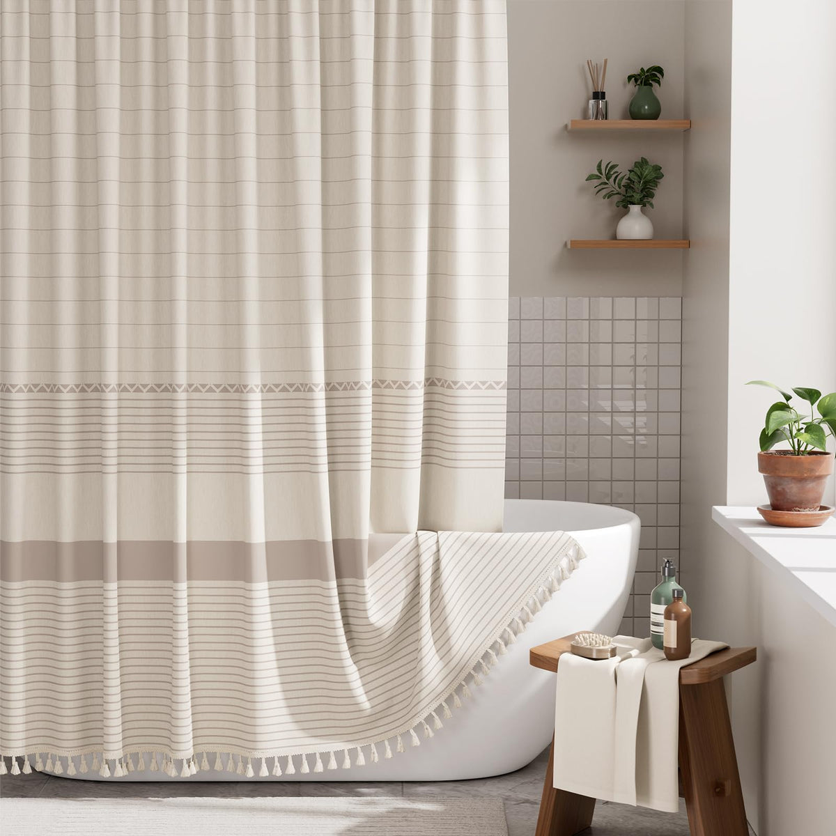 AmazerBath Boho Shower Curtain, Modern Farmhouse Shower Curtain Set with Tassels, Rustic Faux Linen Pink Striped Shower Curtain with Hooks, Light Tan Toned, 72x72 Inches