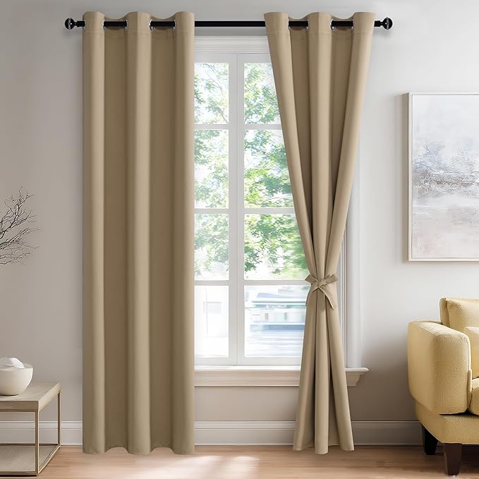 JIUZHEN Blackout Curtains with Tiebacks - Thermal Insulated, Light Blocking and Noise Reducing Grommet Curtains for Bedroom and Living Room, Set of 2 Window Curtain Panels, 42 x 84 Inch Length，Camel