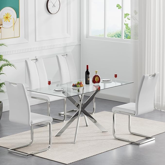 HomVent 5 Pieces Rectangular Glass Dining Table Table Set, Glass Kitchen Table Set for 4 with 4 PU Dining Chairs for Kitchen Dining Room
