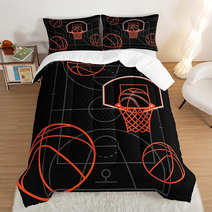 Basketball Court Print King Comforter Set for Boys,Ball Sports Games Bedding Set for Teens Kids Bedroom Decor,Orange Basketball Comforter Sets with 2 Pillowcases.