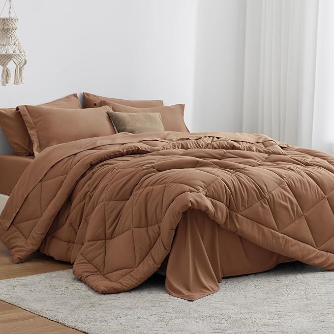 Love's cabin Twin XL Comforter Set Mocha Mousse, 5 Pieces Twin XL Bed in a Bag, All Season Bedding Sets with 1 Comforter, 1 Flat Sheet, 1 Fitted Sheet, 1 Pillowcase and 1 Pillow Sham
