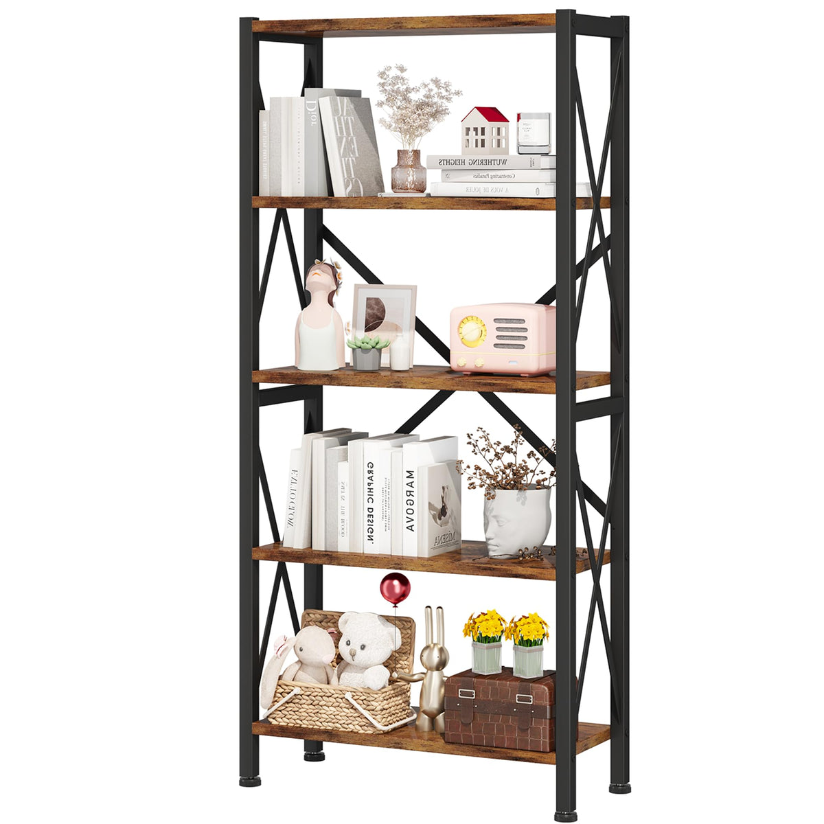 Homeiju 5-Tier Bookshelf,Wood Bookcase,Book Shelf with Steel Frame, Storage Rack with Open Shelves, Rustic Standing Bookshelves Ladder Shelf 110lbs/shelf for Bedroom,Living Room and Home Office