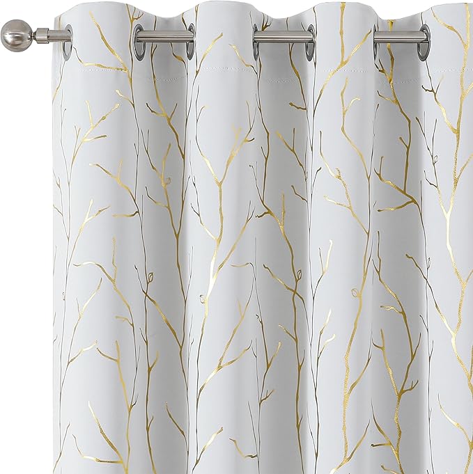 BUHUA Blackout Curtains 63 Inches Length, Thermal Curtain for Bedroom 2 Panels Set, Room Darkening Curtains with Gold Shinny Branches Tree Patern, 52W×63L Greyish White