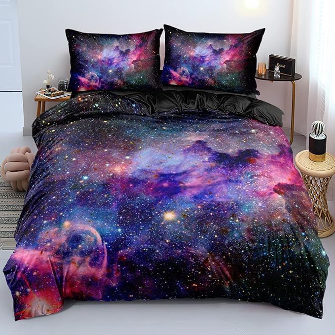 Galaxy Duvet Cover Space Bedding Set Queen Size for Teen Kids, for Boys and Girls Purple Bed Set Printed with 1 Comforter Cover and 2 Pillowcases