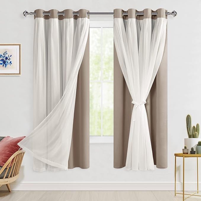 Hiasan Blackout Curtains with Sheer Overlay, Grommet Thermal Insulated Privacy Mix and Match Double Layer Window Curtains for Girls Bedroom, Living Room, 2 Drape Panels with Tiebacks, Camel, 52W X 63L