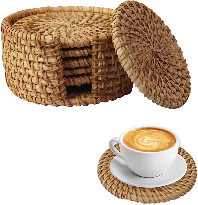 6-Pack Handmade Rattan Coasters with Holder, Modern Farmhouse and Boho Woven Drink Coasters for Kitchen, Coffee Table Decor, Heat-Resistant Reusable