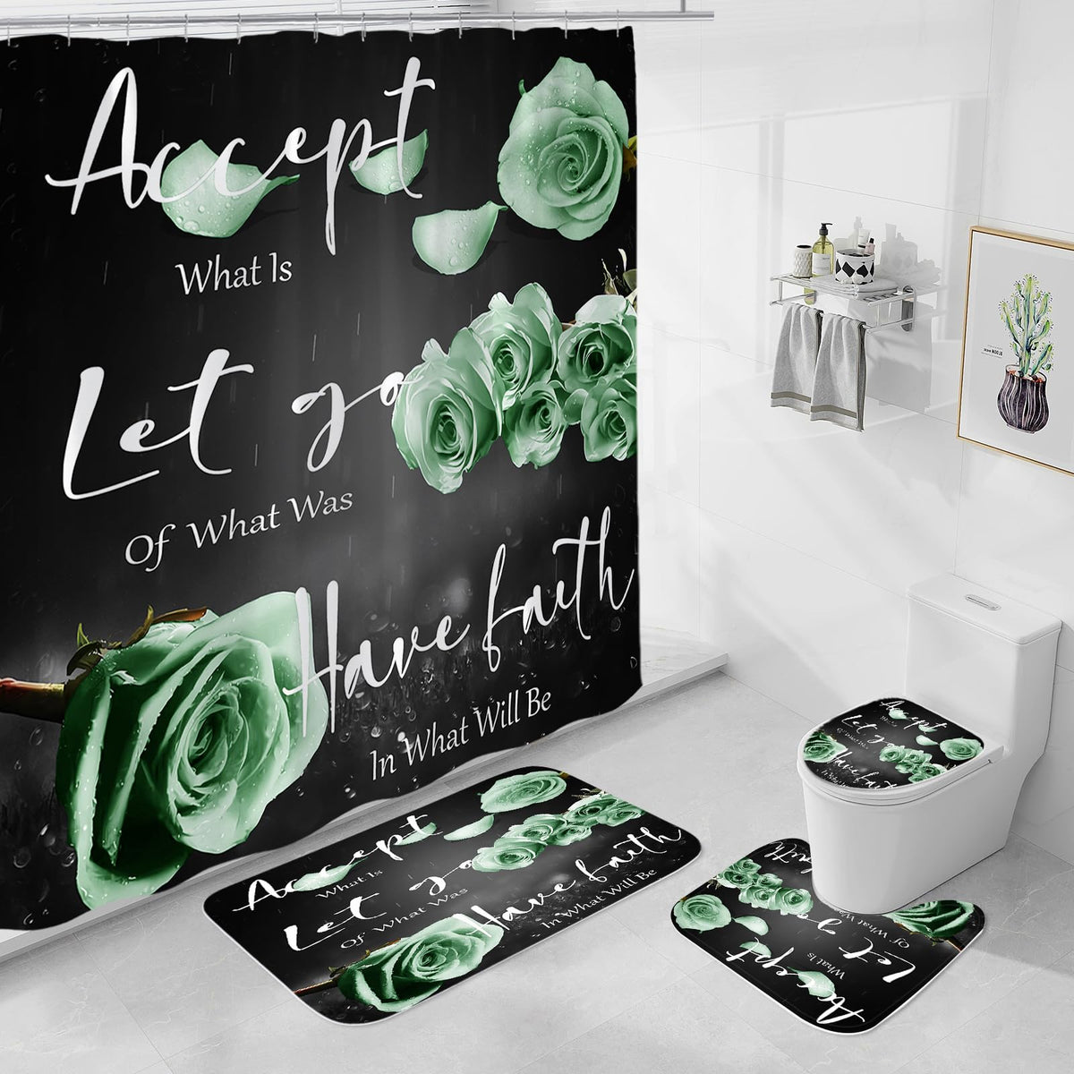 4 Pcs Sage Rose Shower Curtain Sets with Non-Slip Rug, Toilet Lid Cover and Bath Mat, Thankful Blessed Black Green Retro Elegant Shower Curtain Valentine's Day Bathroom Set(Hooks Not Included)