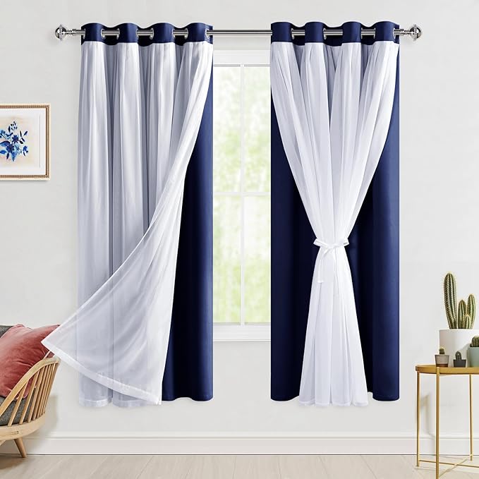 Hiasan Blackout Curtains with Sheer Overlay, Thermal Insulated Privacy Mix and Match Double Layer Window Curtains for Bedroom, Living Room, 2 Drape Panels Sewn with Tiebacks, Navy Blue, 52W X 63L