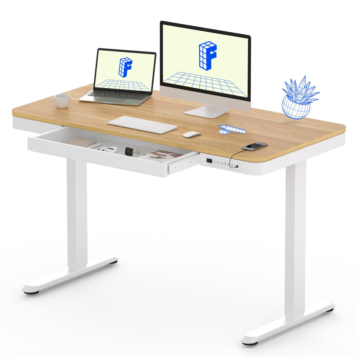 FLEXISPOT Comhar 48" Electric Standing Desk with Drawers, USB Charging Ports, Quick Assembly, Height Adjustable Sit Stand Computer Desk with Child Lock for Scandinavian Home Office, Maple
