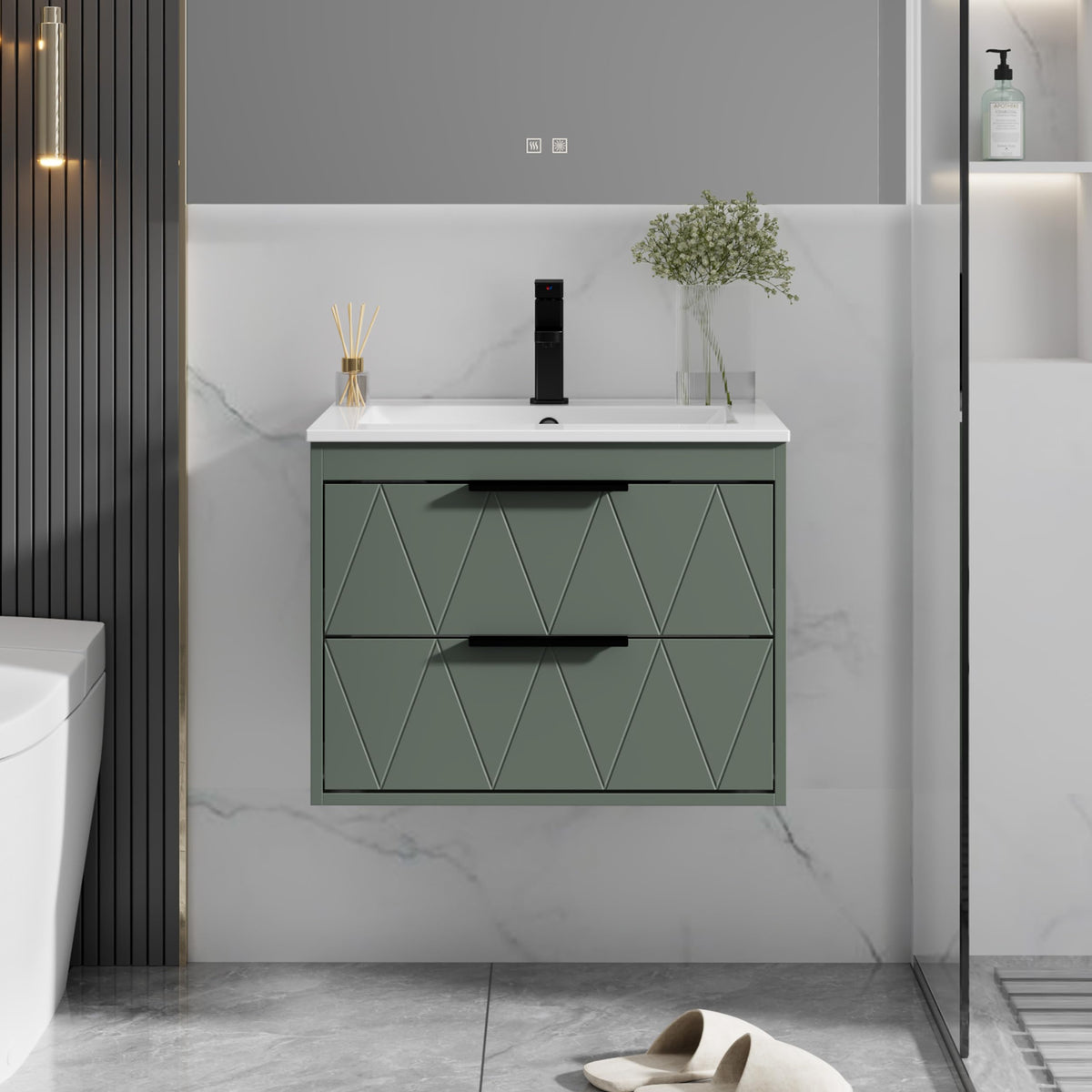 eclife 24" Floating Bathroom Vanity with Sink Combo, Modern Wall-Mounted Vanities Cabinet W/Decor Lines, Soft-Closing Drawers, Single White Sink, Faucet & Drain, Sage Green