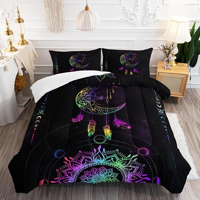 AILONEN Moon Comforter Set Queen Size, Black Galaxy Bohemian Bedding Set,Celestial Bedding Mandala Bed in a Bag Duvet Set,Colorful Starry Comforter Sets 3 Pieces, 1 Quilt and 2 Pillowcases