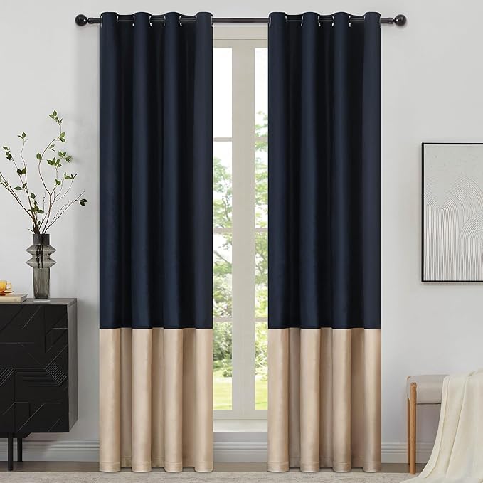 BULBUL Color Block Window Curtains Panels 96 inches Long Navy Blue Champagne Velvet Farmhouse Drapes for Bedroom Living Room Darkening Treatment with Grommet Set of 2