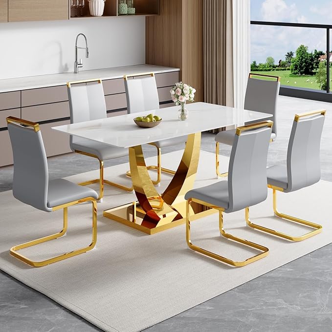 63” Dining Room Table Set for 6,Modern Gold Dining Table Set for 6 with Leather Chairs, White Faux Marble Dinner Table Set with Tempered Glass Top and Golden Base