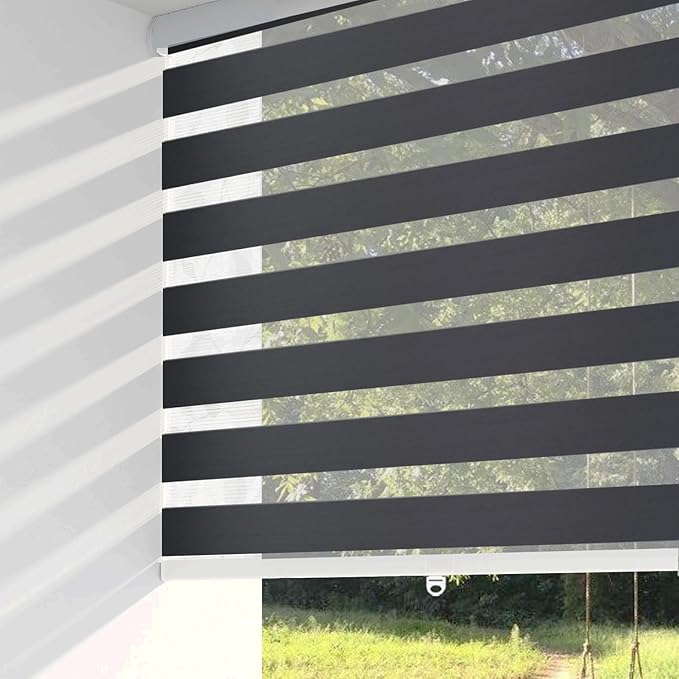 ShadesU Cordless Zebra Blinds – Light Filtering Dual-Layer Window Shades for Privacy (Black Color) (Maximum Height 72") (Width 32.5")