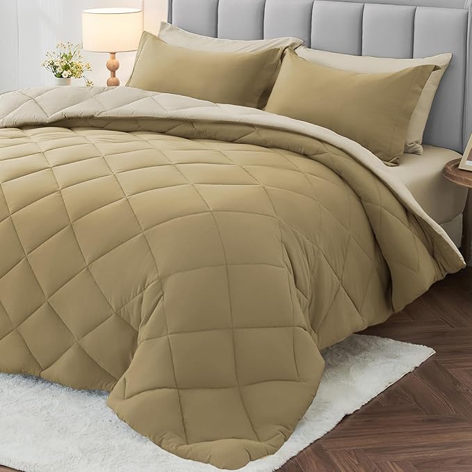 MUXHOMO 7 Pieces Queen Comforter Set, Reversible Bed in a Bag Queen Size, All Season Bedding Set with Comforter, Flat Sheet, Fitted Sheet, Pillowcases & Shams, Khaki & Linen
