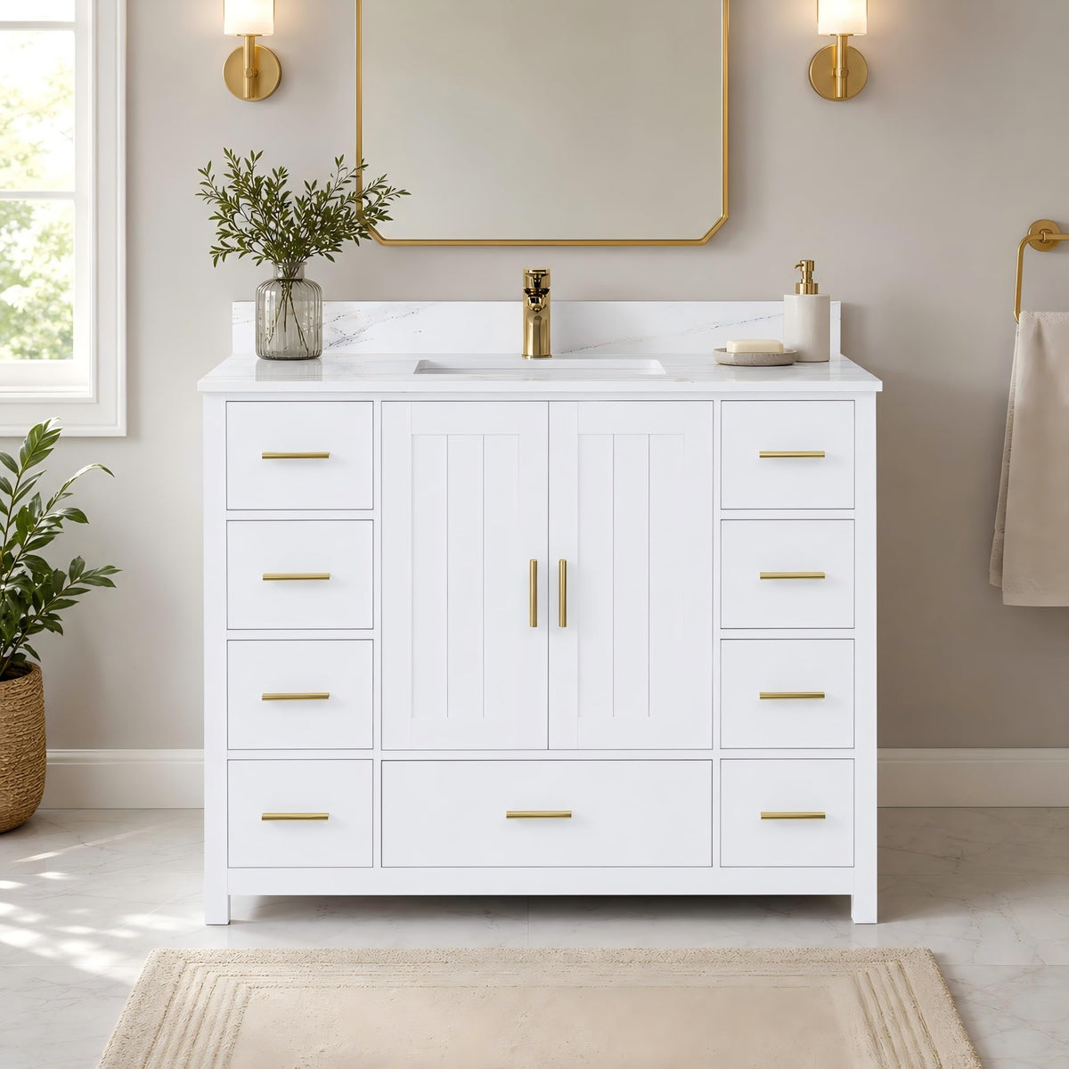 KEIKI 42" Bathroom Vanity with Carrara Wihte Sintered Stone Top & 9 Drawers