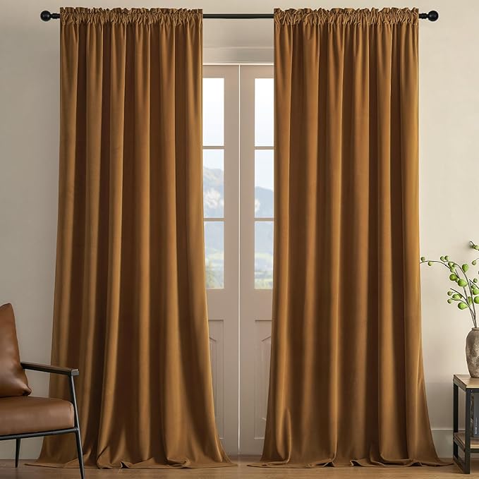 Joydeco Brown Velvet Curtains 72 inch Length 2 Panels, Luxury Blackout Rod Pocket Thermal Insulated Window Curtains, Super Soft Room Darkening Drapes for Living Dining Room Bedroom,W52 x L72 inches