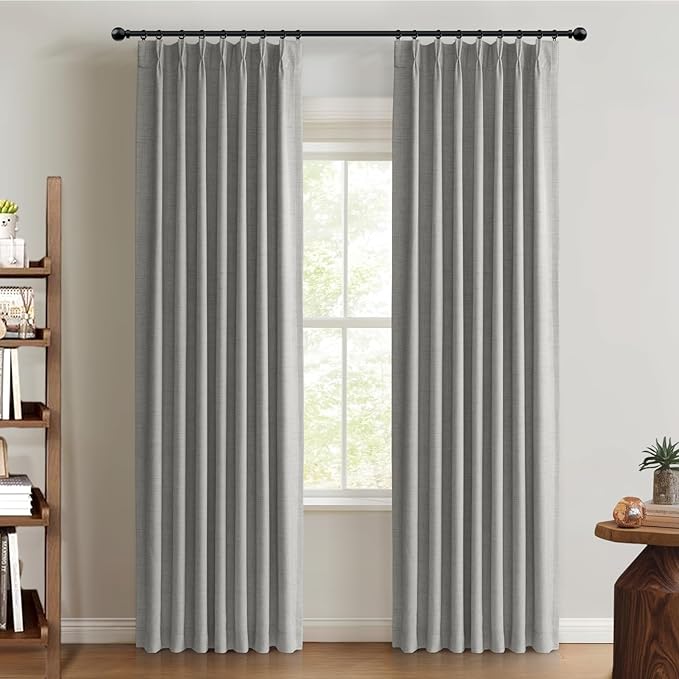 100% Blackout Shield Linen Look Textured Pinch Pleated Curtains Blackout Drapes 96 Inch Long 2 Panels Set, Faux Linen Blackout Curtains for Bedroom & Living Room, 40" W x 96" L, Grey