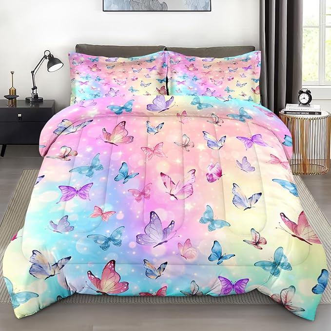 Comforter Set King Size, Pink Blue Butterfly Soft 3 Pcs Bedding for Kids and Adults Purple Colorful Rainbow Comforter Set with 2 Pillowcases for Bedroom Bed Decor